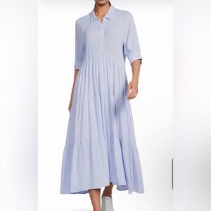 A Loves A Striped Light Blue Maxi Shirt Dress with Tiered Skirt